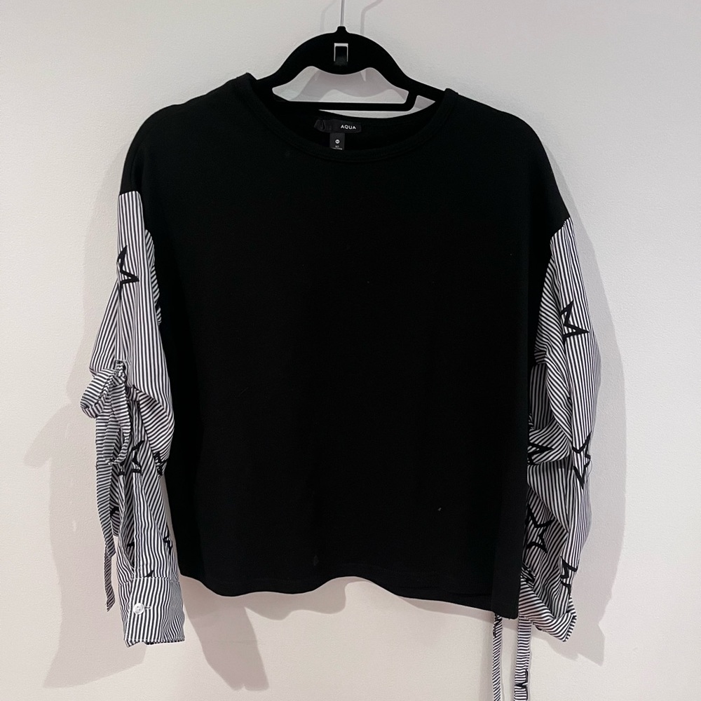 AQUA Sweatshirt with Ruched Pinstripe Sleeves